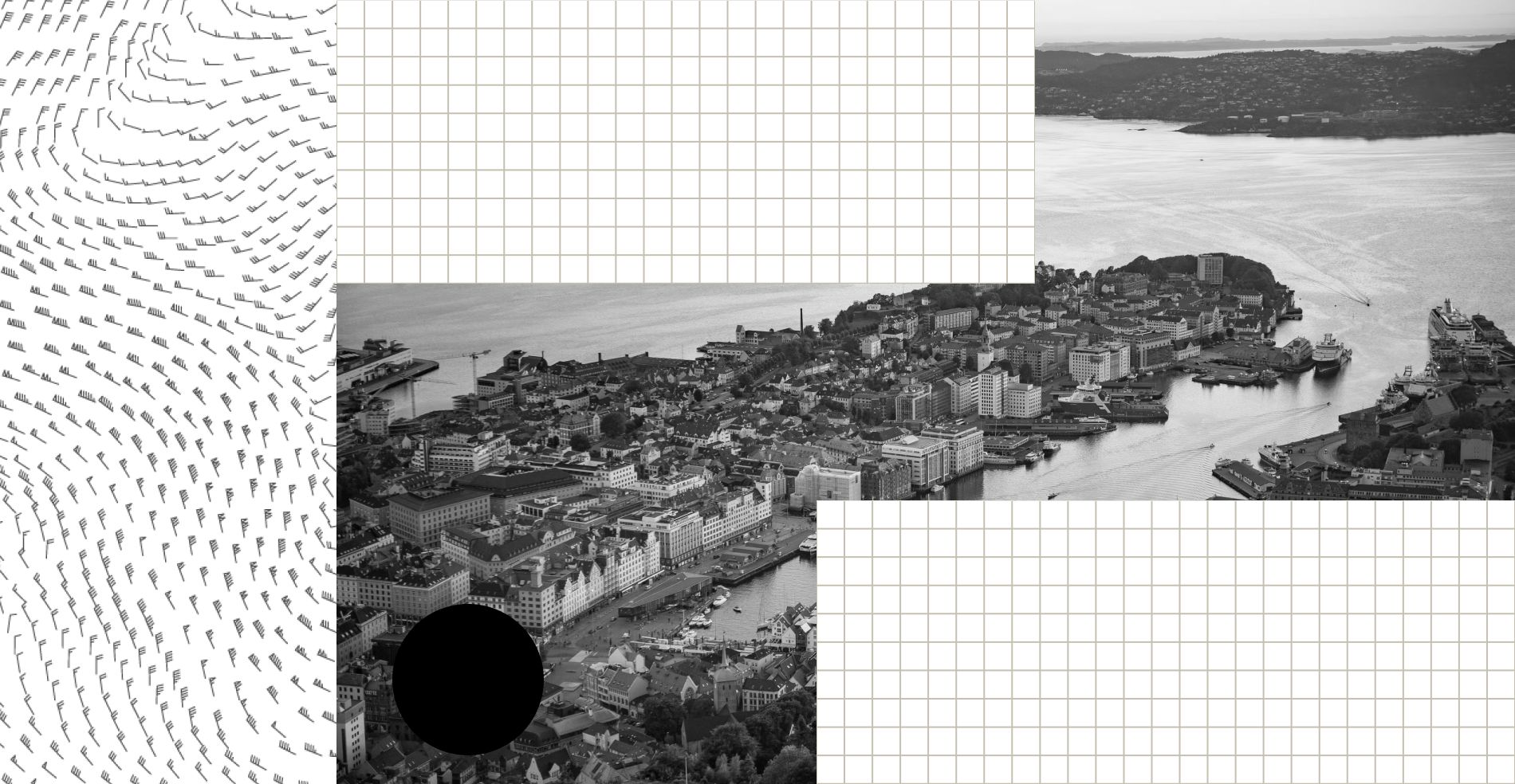 A collage: a field of wind barbs, a fine grid, an aerial photograph of Bergen’s harbor in black and white, and a black circle